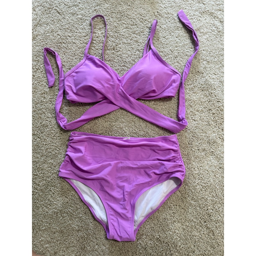Purple Wrap Front Bikini Set High Waisted Ruched Two Piece Swimsuit Small